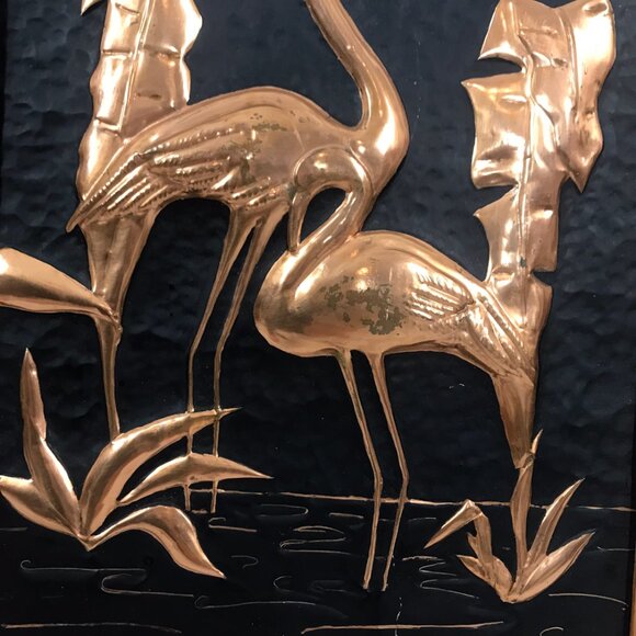 Vintage Flamingos Picture Copper relief and Wood framed 50s 60s MCM - Picture 4 of 8